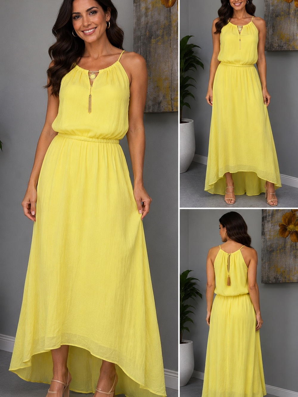 Nina Leonard Sunny Yellow Halter High-Low Maxi Dress